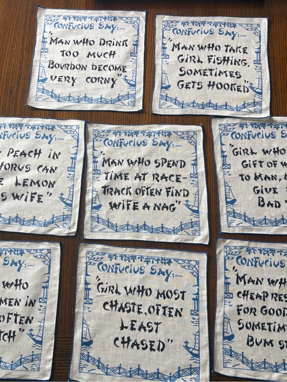 “Confucius Say”  Novelty Vintage Cloth Coasters –  (Set of 8)